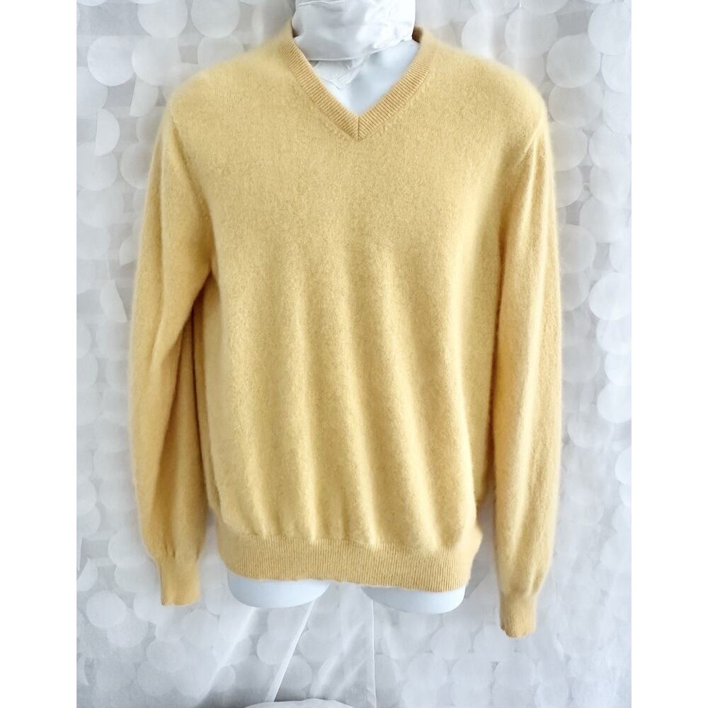Alan Flusser 100% Cashmere Sweater Men Large Yellow V-Neck Pullover GOLF 2 PLY